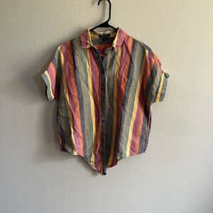 Madewell Tie-bottom Stripe Short-Sleeve linen/cotton Button-Down Shirt